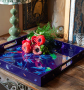 Plateau carré en laque mauve " Jardin des merveilles"