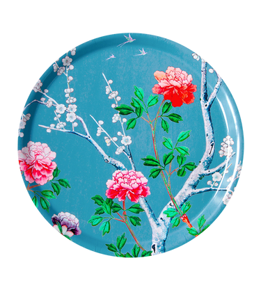 Peonies tray blue gray background 