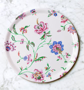 "Plateau rond Pondichéry motif indiennes fleurs XVIIe siècle fond crème"