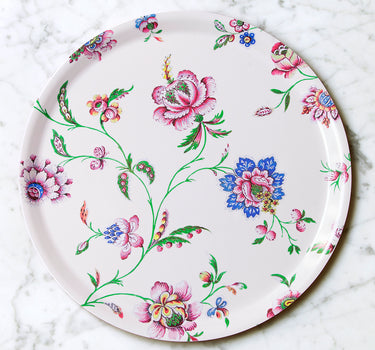 "Plateau rond Pondichéry motif indiennes fleurs XVIIe siècle fond crème"