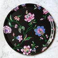 "Plateau rond Pondichéry 38cm motif indiennes fleurs XVIIe siècle fond noir"