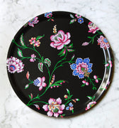 "Plateau rond Pondichéry 38cm motif indiennes fleurs XVIIe siècle fond noir"