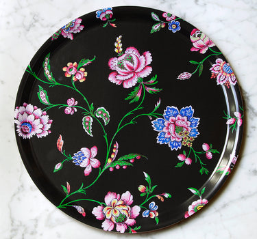 "Plateau rond Pondichéry 38cm motif indiennes fleurs XVIIe siècle fond noir"