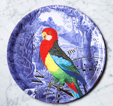 "Plateau rond Perroquet et rose des vents motif jungle perroquet boussole"