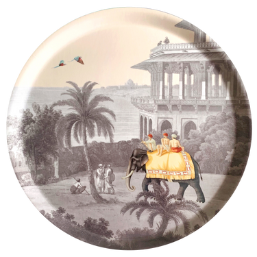 "Plateau rond India fleuve temples palais jardin impérial éléphant paré culture indienne"