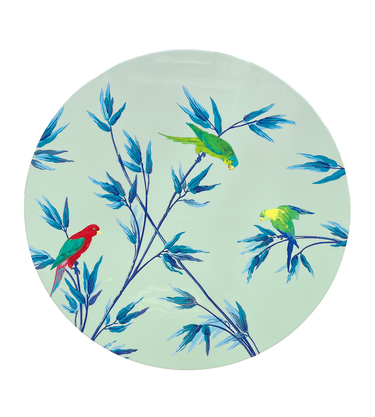 Set de table ou centre de table en laque  " Jardin des perroquets" vert céladon
