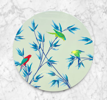 Set de table ou centre de table en laque  " Jardin des perroquets" vert céladon