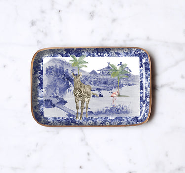 Plateau émaillé Zèbre et flamants roses, décor tropical sur fond blanc
