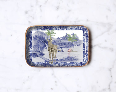 Plateau émaillé Zèbre et flamants roses, décor tropical sur fond blanc